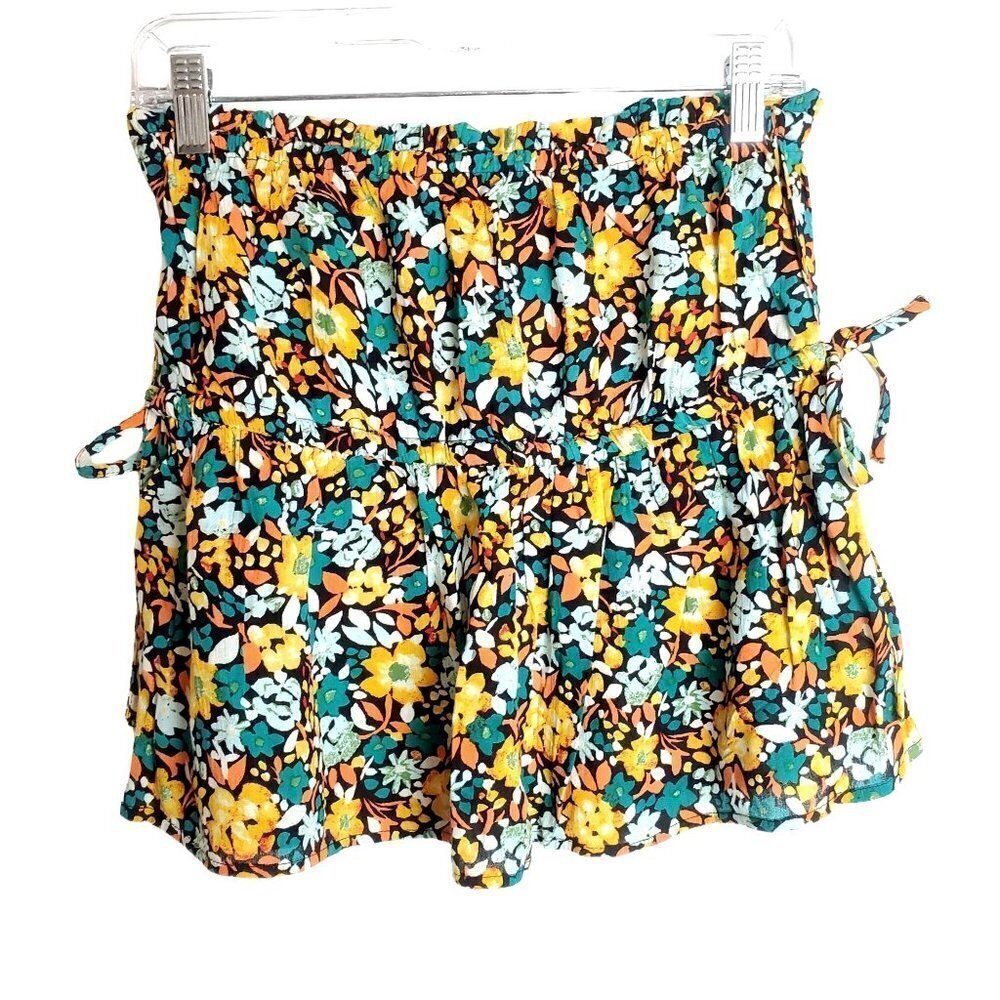 O'NEILL Large floral Strapless Top Side Tie Retro print brown yellow teal